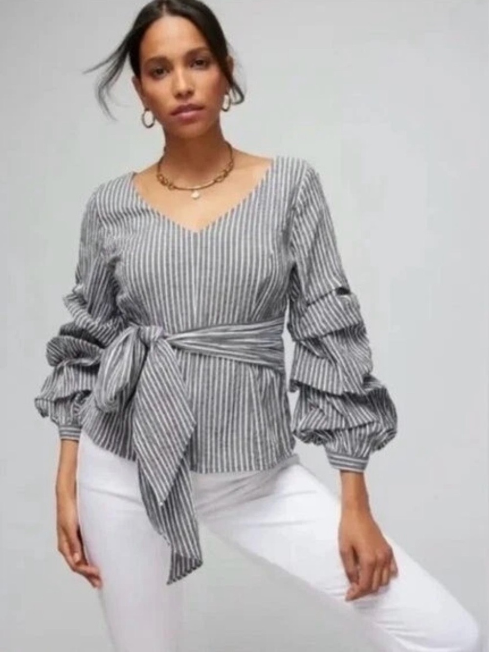 White House Black Market Black and White Striped V-Neck Tie-Waist Blouse